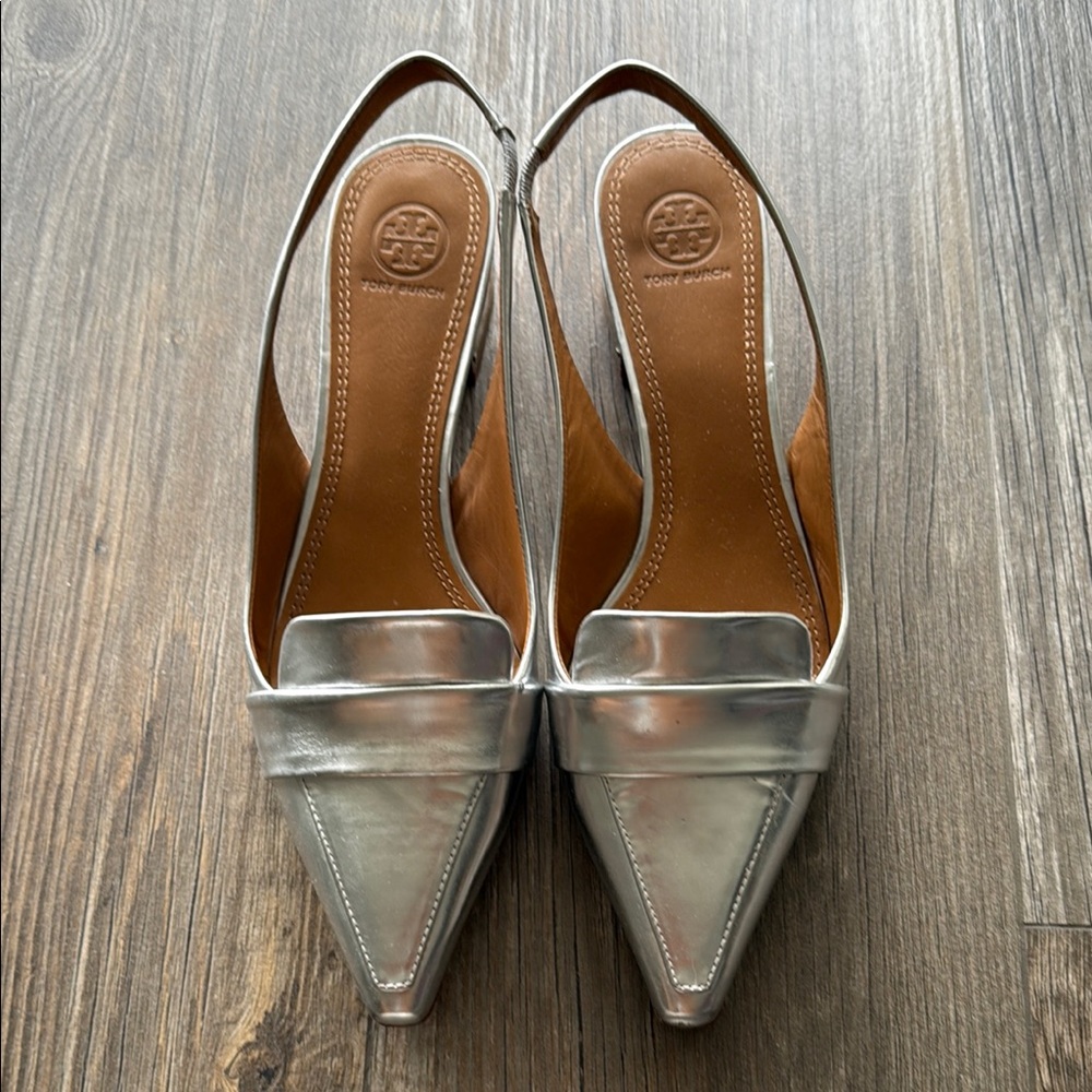 Tory Burch Silver Pointed Slingback Heels